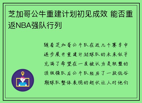 芝加哥公牛重建计划初见成效 能否重返NBA强队行列